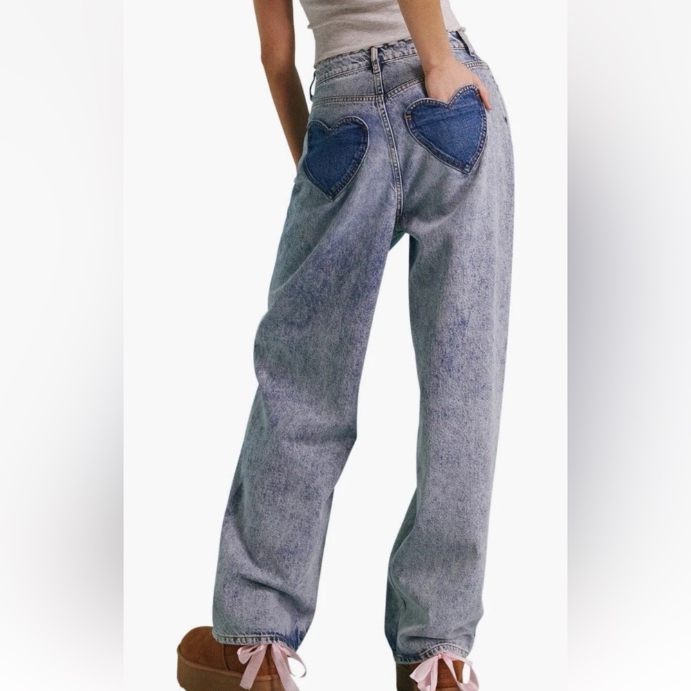 Miss Selfridge high rise, wide leg, Heart Patch Jeans